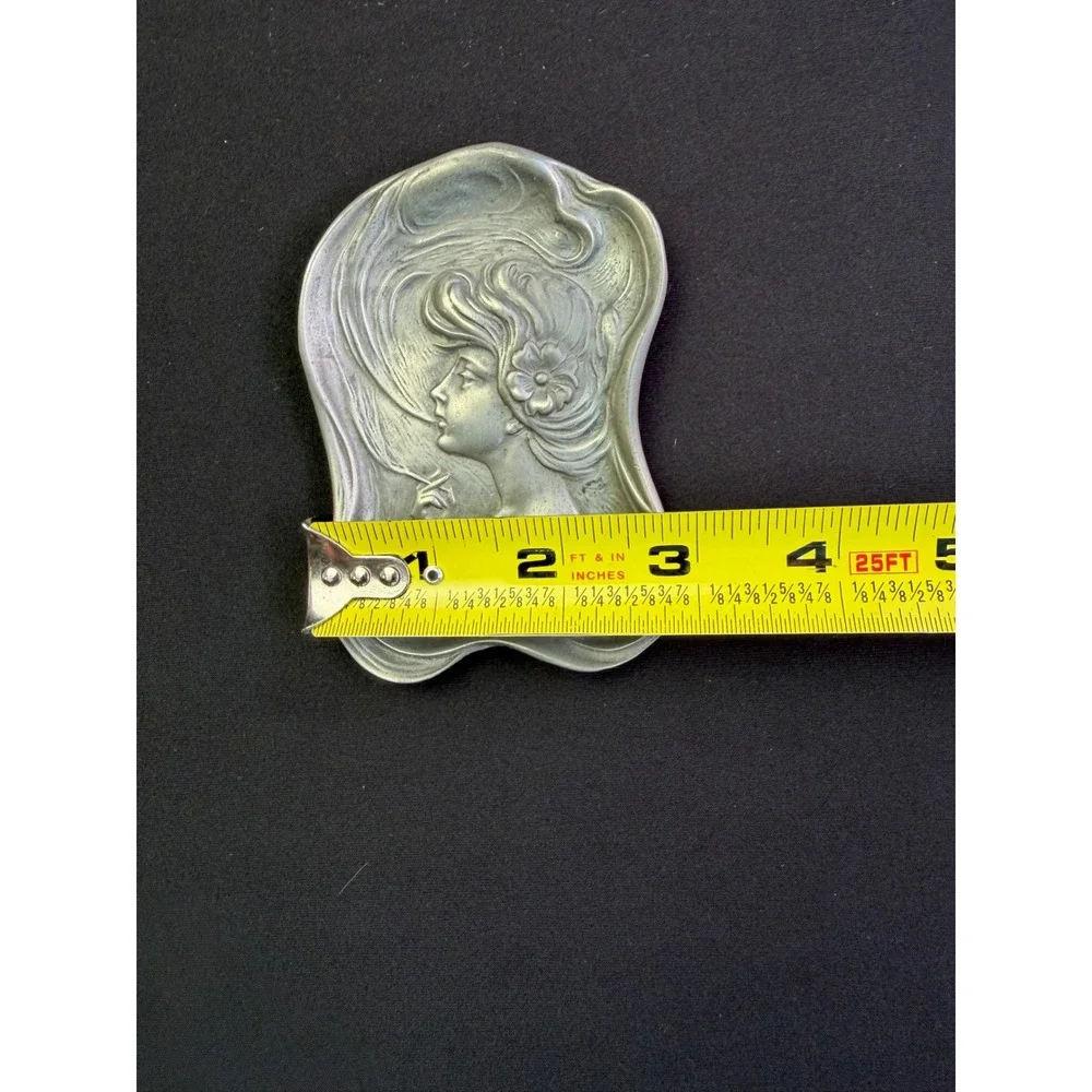 Fine Pewter Art Nouveau Style Smoking Lady Trinket Dish Silver Metal Tray 5in